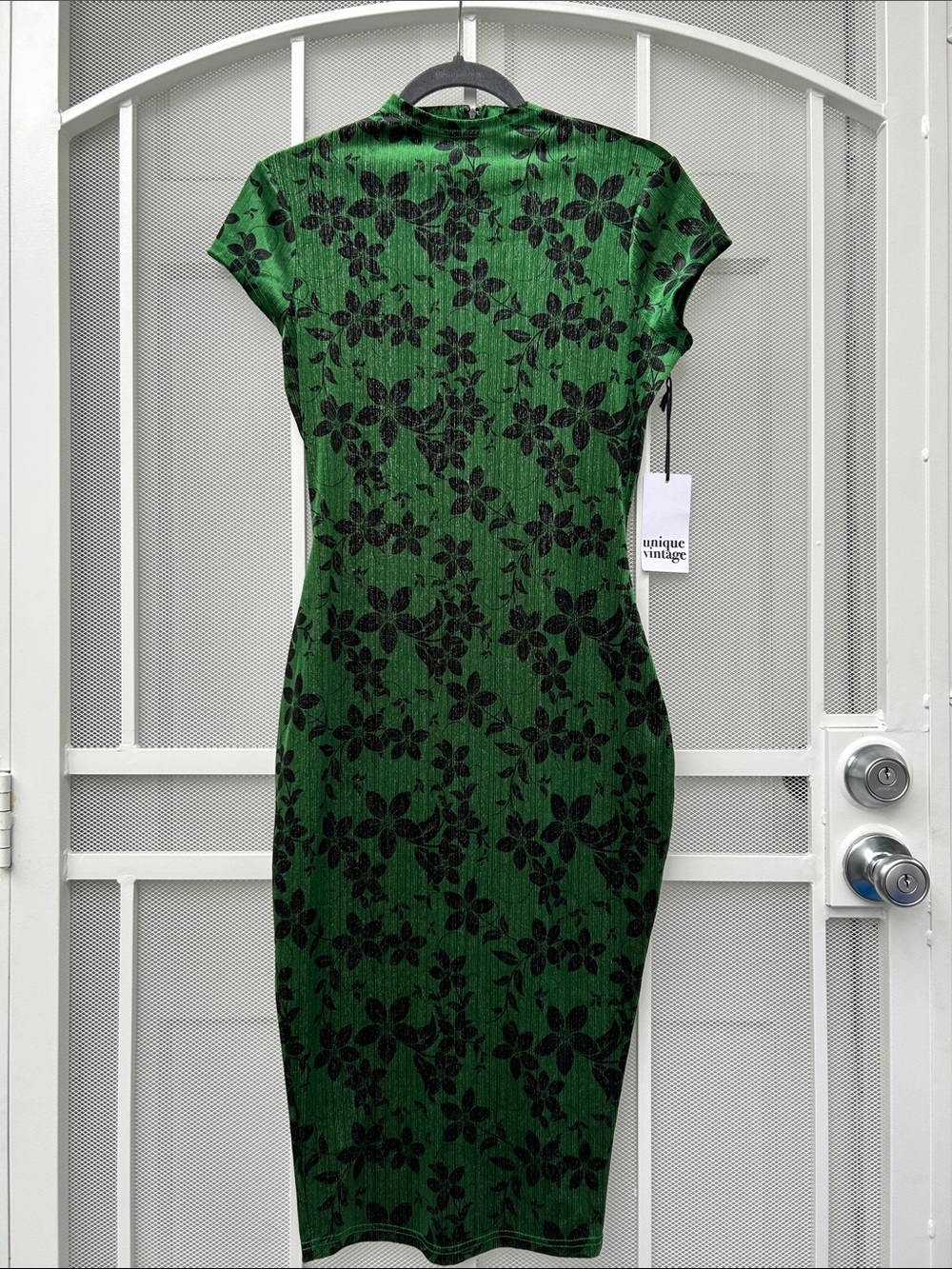 Unique Vintage Emerald Green Floral Sheath Midi Dress